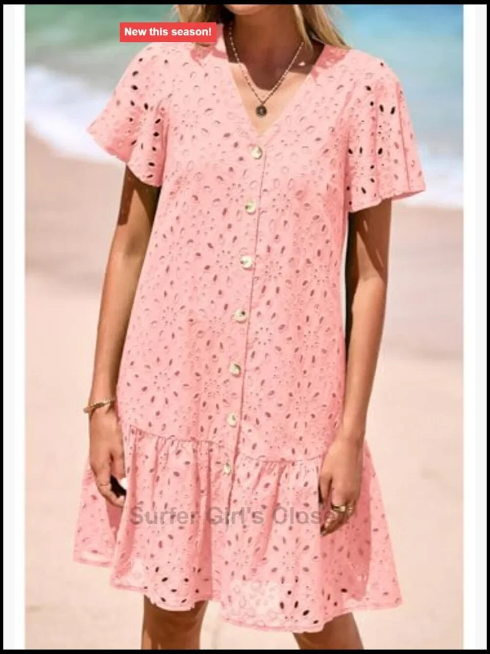 Eyelet Short Sleeve Button Down Babydoll Mini Dress Casual Summer - Picture 3 of 7